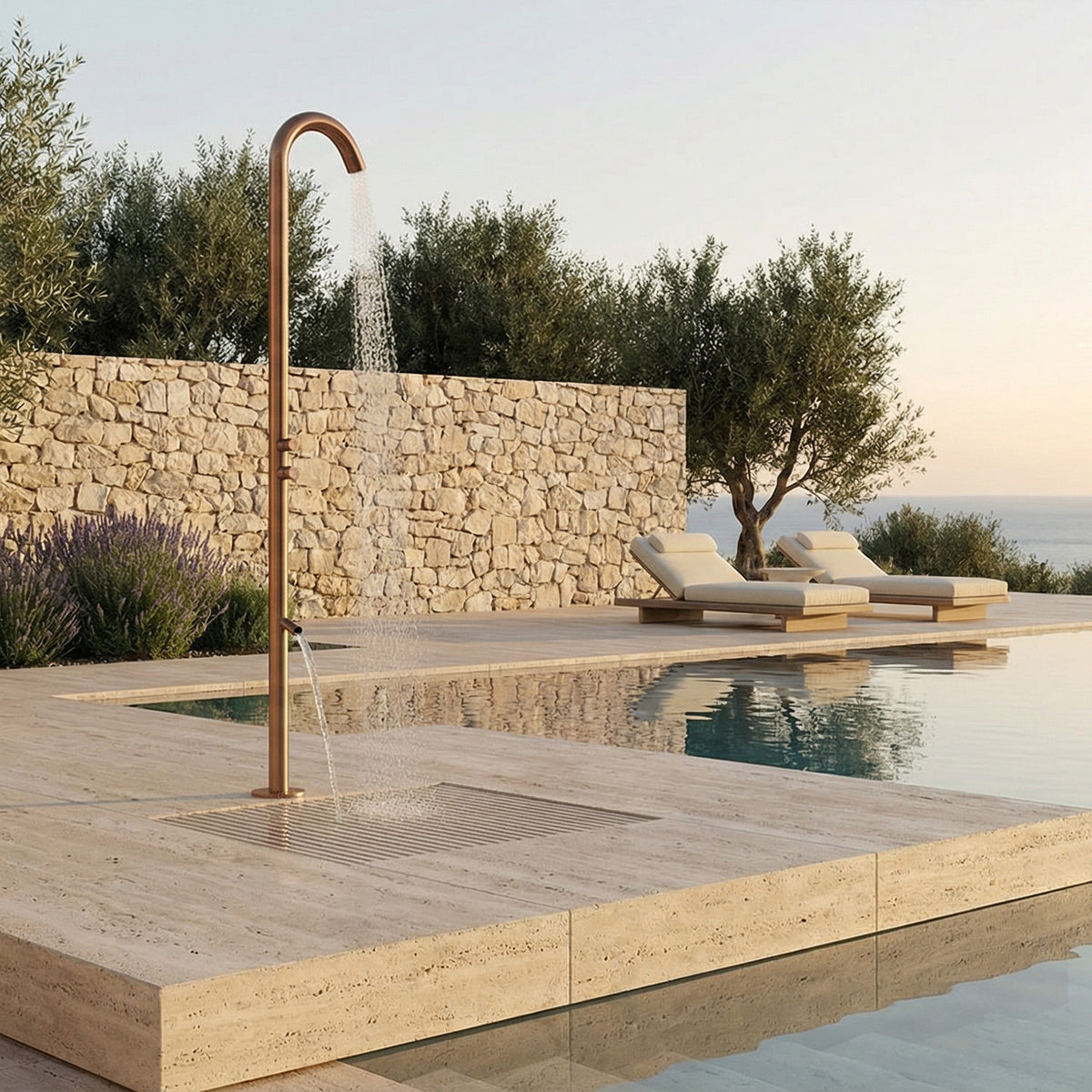 SINED Quartu Doppio TMP, doccia temporizzata con soffione e lavapiedi in inox 316L — Oro rosa
