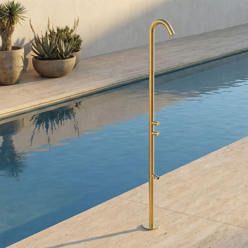SINED Quartu Doppio TMP, doccia temporizzata con soffione e lavapiedi in inox 316L — Oro