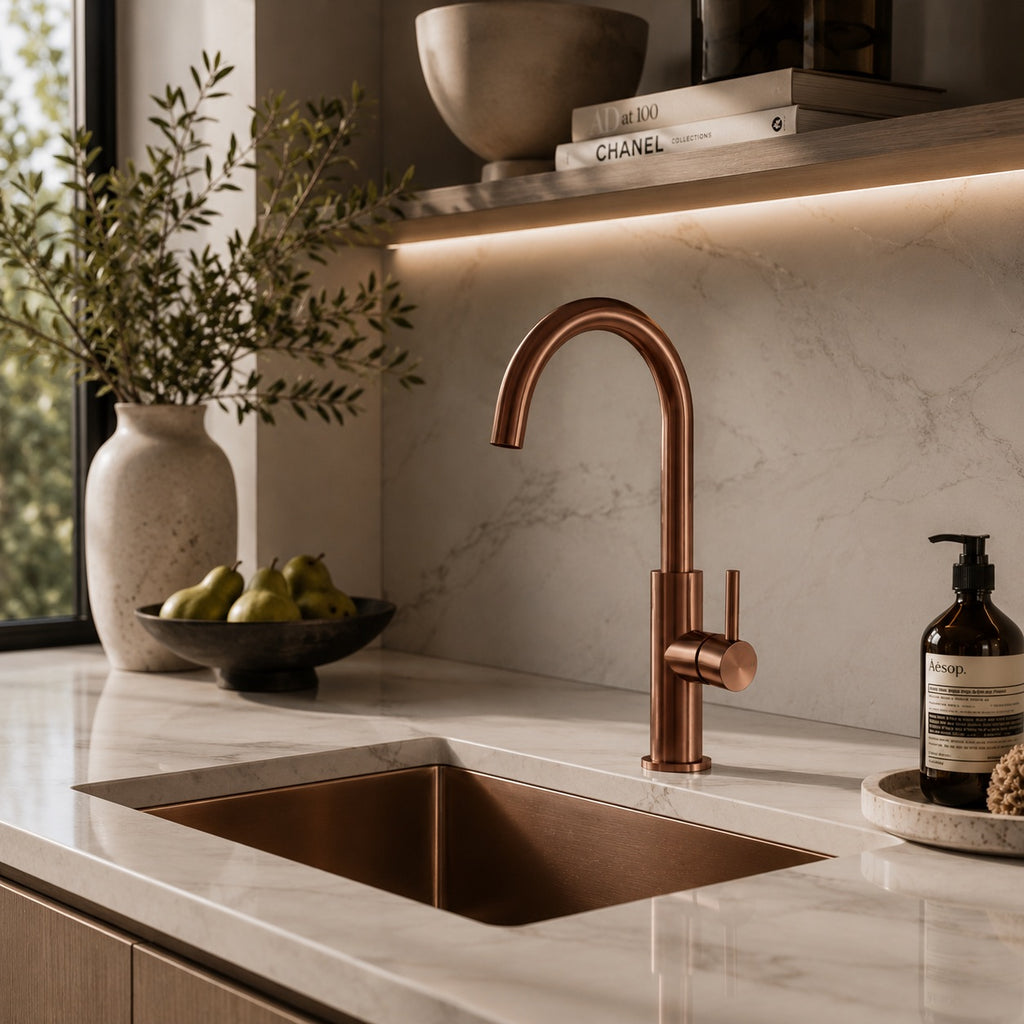 SINED Rubinetto cucina Levante alto 32 cm in acciaio inox 316L — Oro rosa