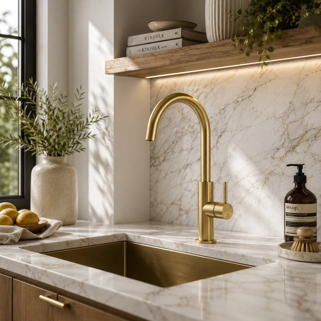 SINED Rubinetto cucina Levante alto 32 cm in acciaio inox 316L — Oro