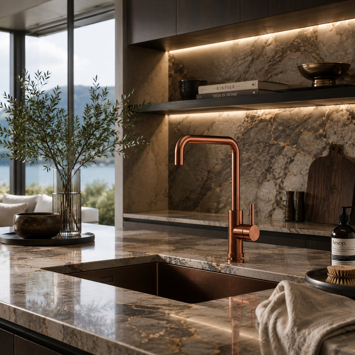 SINED Rubinetto cucina Levante Quadro in acciaio inox 316L — Oro rosa