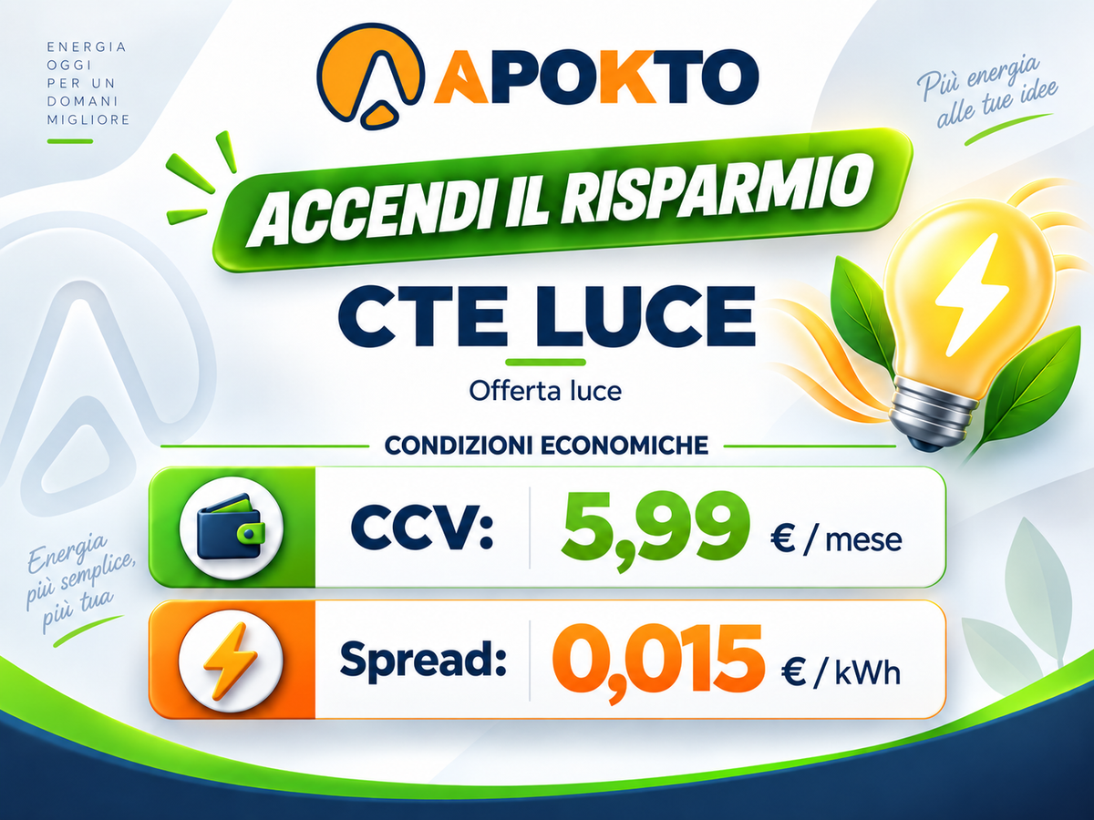 Offerta Luce APOKTO - CCV 5,99 euro al mese - Spread Power 0,015 euro per kWh